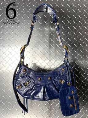 Balenciaga Croc Embossed Le Cagole Shoulder Bag in Navy GHW